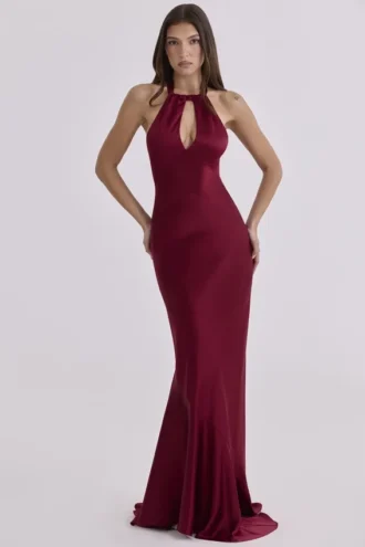 Oliviana Wine Satin Halter Maxi Dress