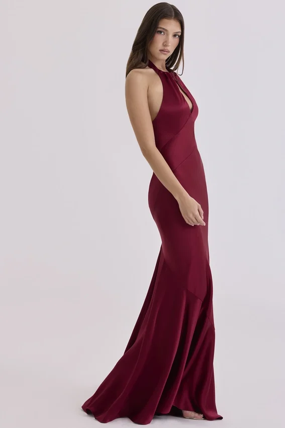 Oliviana Wine Satin Halter Maxi Dress Oliviana Wine Satin Halter Maxi Dress