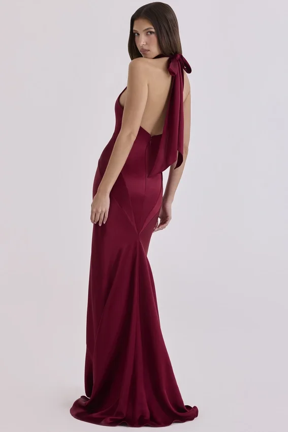 Oliviana Wine Satin Halter Maxi Dress Oliviana Wine Satin Halter Maxi Dress