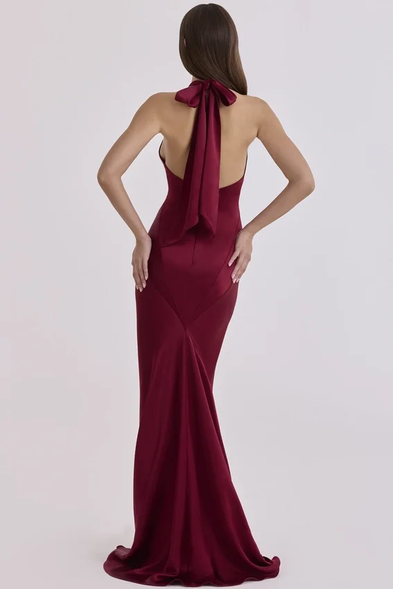 Oliviana Wine Satin Halter Maxi Dress Oliviana Wine Satin Halter Maxi Dress