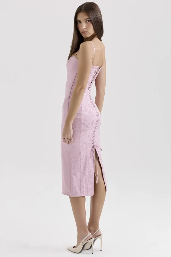 Ophelle Pink Jacquard Lace Up Bodycon Midi Dress Ophelle Pink Jacquard Lace Up Bodycon Midi Dress