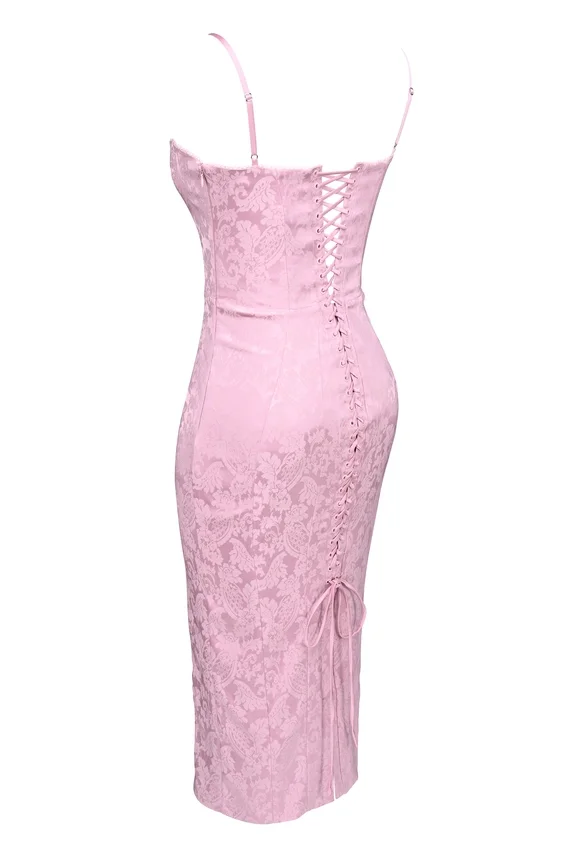 Ophelle Pink Jacquard Lace Up Bodycon Midi Dress Ophelle Pink Jacquard Lace Up Bodycon Midi Dress