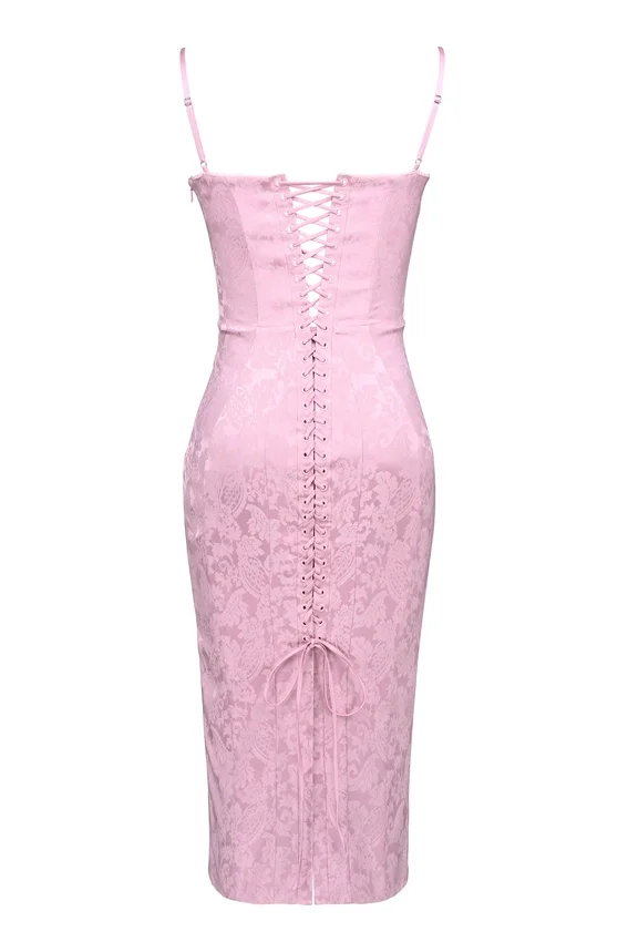 Ophelle Pink Jacquard Lace Up Bodycon Midi Dress Ophelle Pink Jacquard Lace Up Bodycon Midi Dress