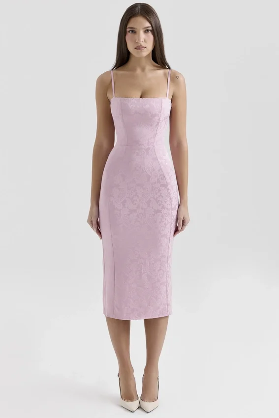 Ophelle Pink Jacquard Lace Up Bodycon Midi Dress Ophelle Pink Jacquard Lace Up Bodycon Midi Dress