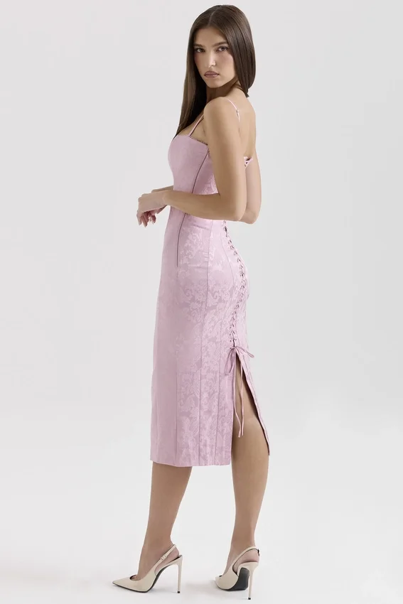 Ophelle Pink Jacquard Lace Up Bodycon Midi Dress Ophelle Pink Jacquard Lace Up Bodycon Midi Dress