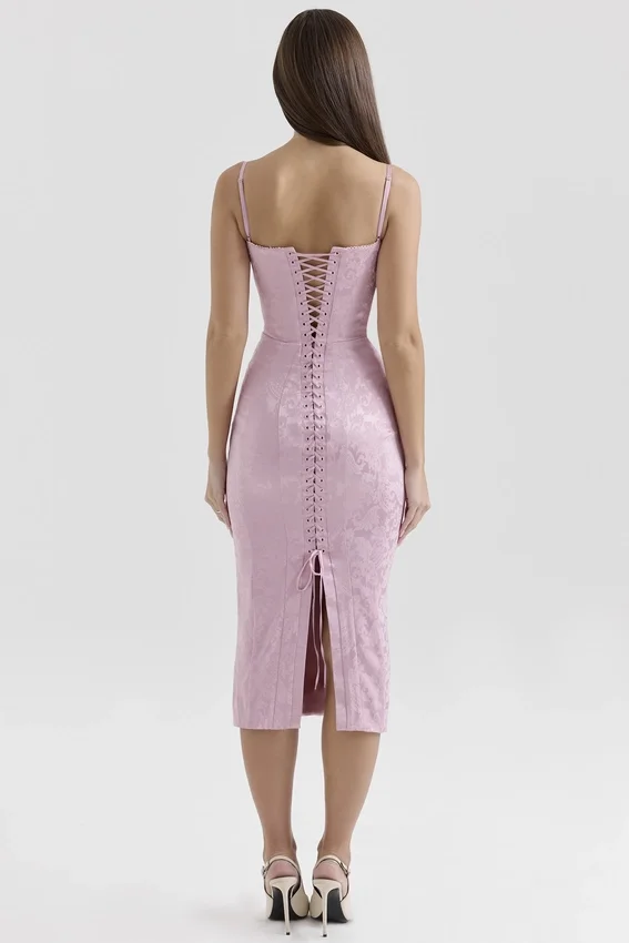 Ophelle Pink Jacquard Lace Up Bodycon Midi Dress Ophelle Pink Jacquard Lace Up Bodycon Midi Dress