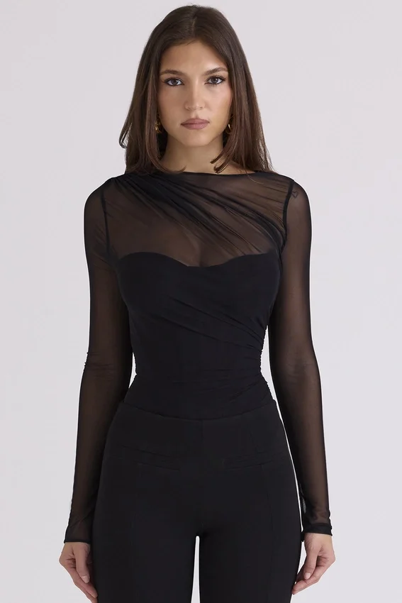 Orelia Black Draped Mesh Bodysuit Orelia Black Draped Mesh Bodysuit