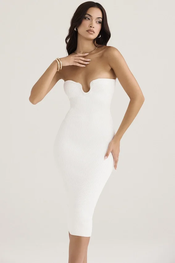 Oriana White Ribbed Knit Strapless Midi Dress Oriana White Ribbed Knit Strapless Midi Dress