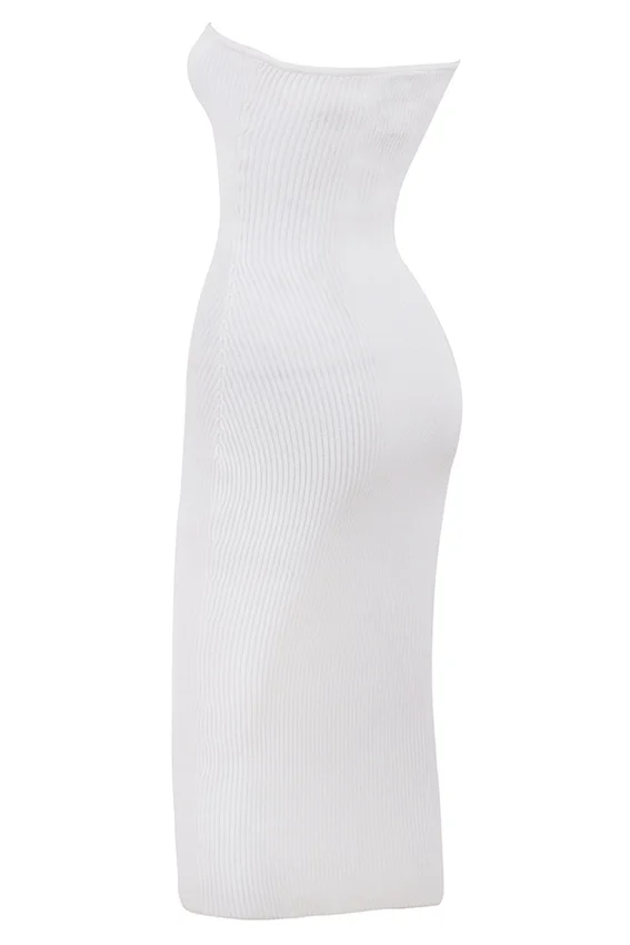 Oriana White Ribbed Knit Strapless Midi Dress Oriana White Ribbed Knit Strapless Midi Dress