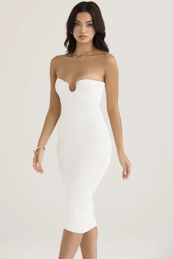 Oriana White Ribbed Knit Strapless Midi Dress Oriana White Ribbed Knit Strapless Midi Dress