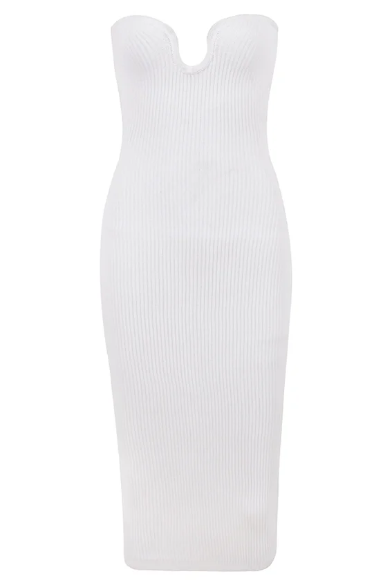 Oriana White Ribbed Knit Strapless Midi Dress Oriana White Ribbed Knit Strapless Midi Dress