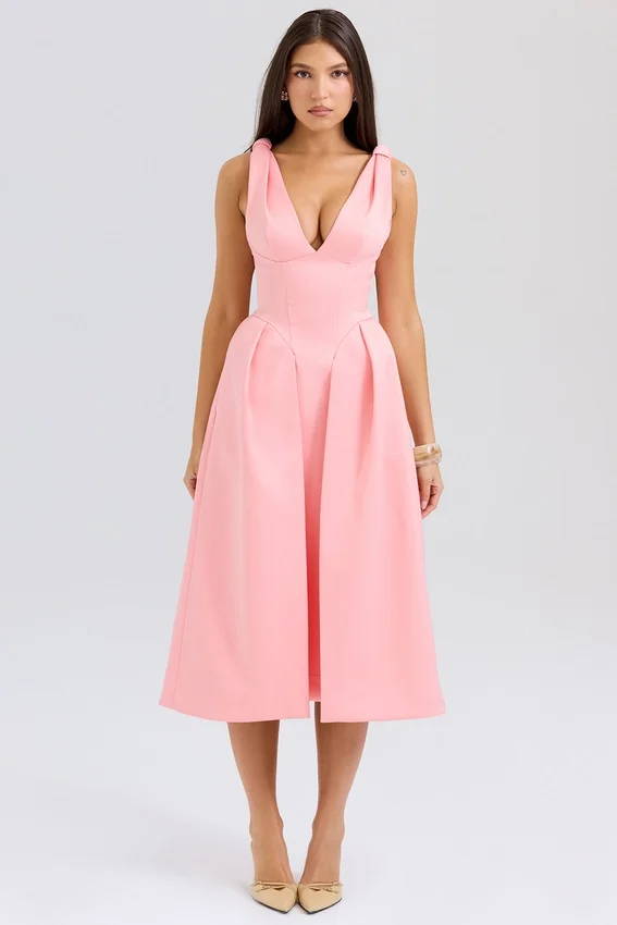 Paloma Peach Satin Pleated Midi Dress Paloma Peach Satin Pleated Midi Dress