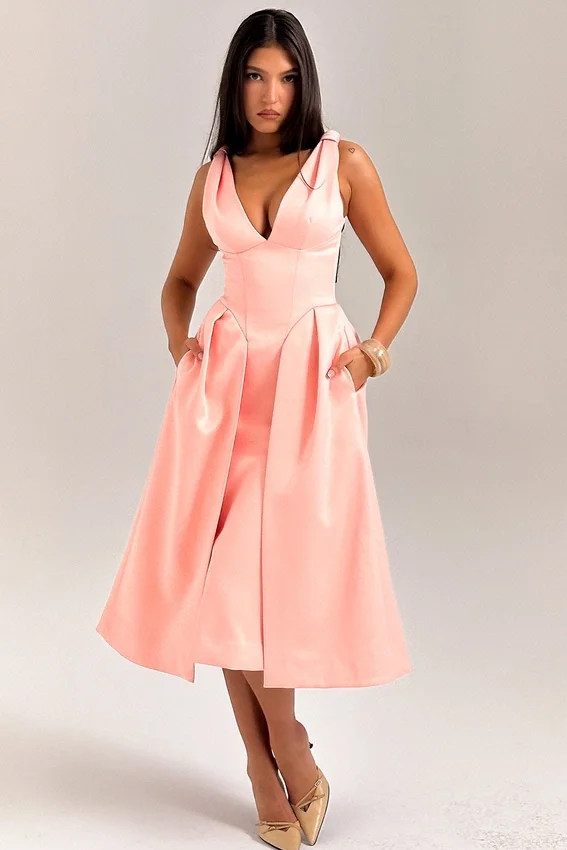 Paloma Peach Satin Pleated Midi Dress Paloma Peach Satin Pleated Midi Dress