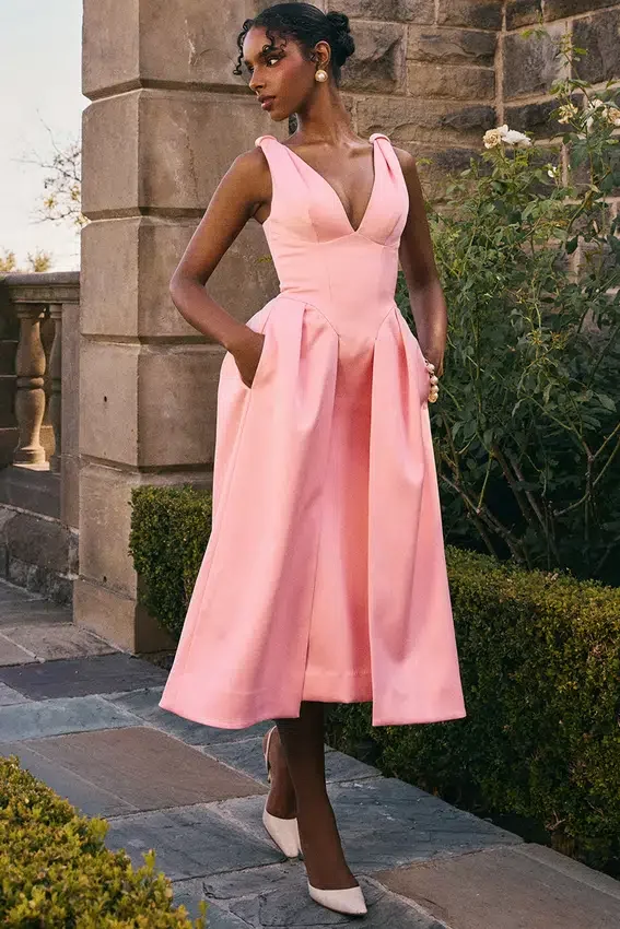 Paloma Peach Satin Pleated Midi Dress Paloma Peach Satin Pleated Midi Dress