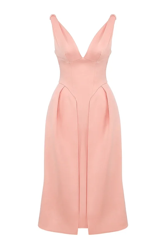 Paloma Peach Satin Pleated Midi Dress Paloma Peach Satin Pleated Midi Dress