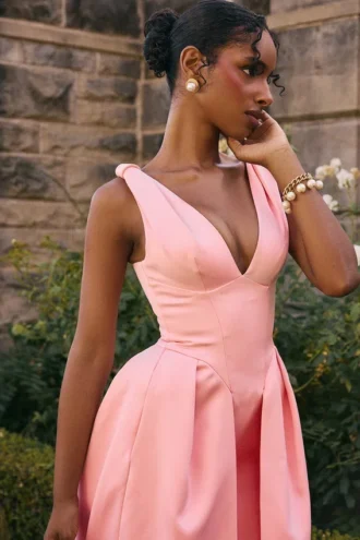 Paloma Peach Satin Pleated Midi Dress
