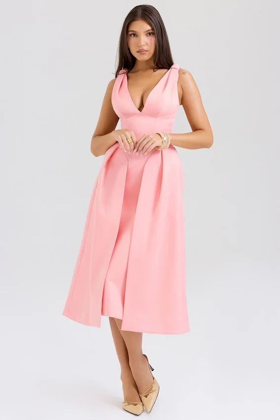 Paloma Peach Satin Pleated Midi Dress Paloma Peach Satin Pleated Midi Dress