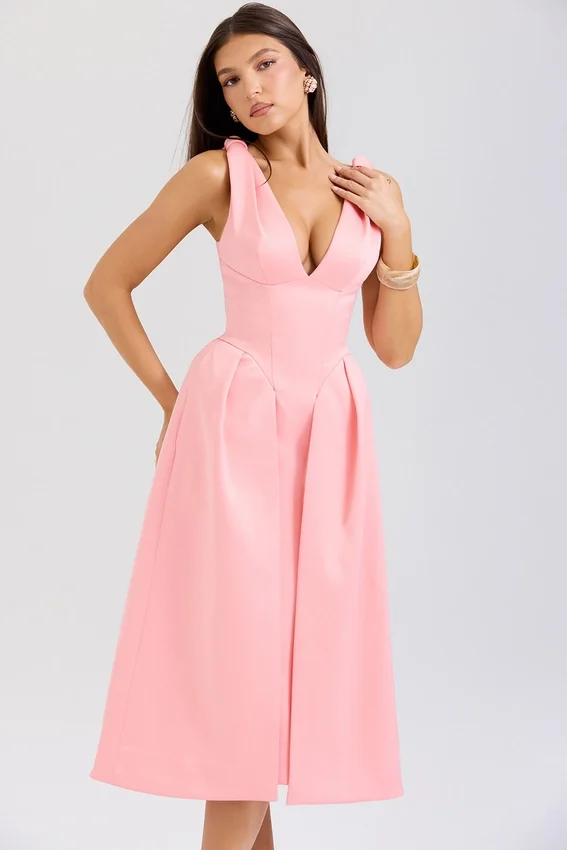 Paloma Peach Satin Pleated Midi Dress Paloma Peach Satin Pleated Midi Dress