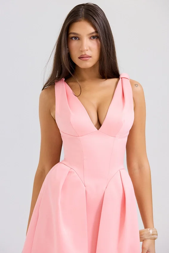 Paloma Peach Satin Pleated Midi Dress Paloma Peach Satin Pleated Midi Dress