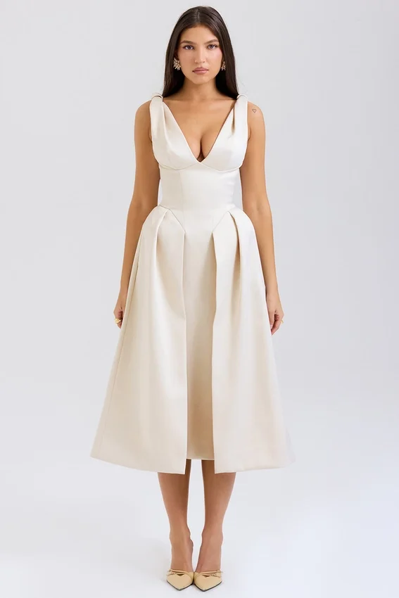 Paloma Vintage Cream Satin Pleated Midi Dress Paloma Vintage Cream Satin Pleated Midi Dress