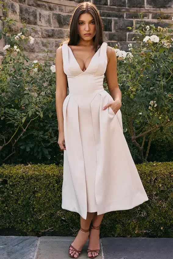 Paloma Vintage Cream Satin Pleated Midi Dress Paloma Vintage Cream Satin Pleated Midi Dress