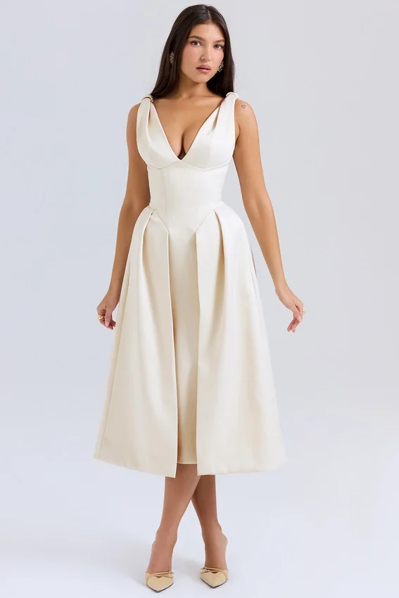 Paloma Vintage Cream Satin Pleated Midi Dress Paloma Vintage Cream Satin Pleated Midi Dress