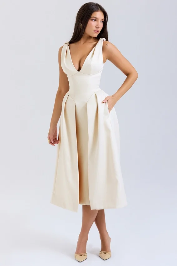 Paloma Vintage Cream Satin Pleated Midi Dress Paloma Vintage Cream Satin Pleated Midi Dress