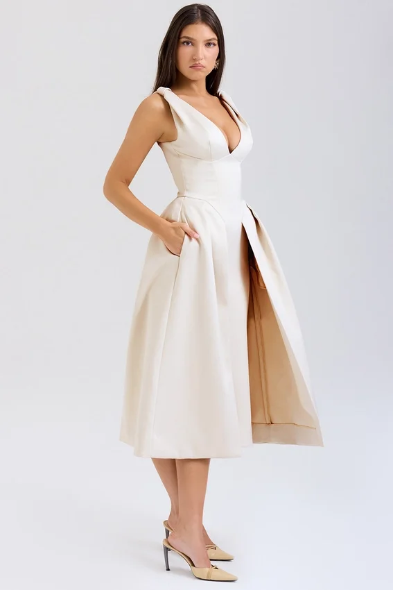 Paloma Vintage Cream Satin Pleated Midi Dress Paloma Vintage Cream Satin Pleated Midi Dress