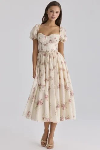 Penelope Ivory Vintage Rose Print Chiffon Midi Dress