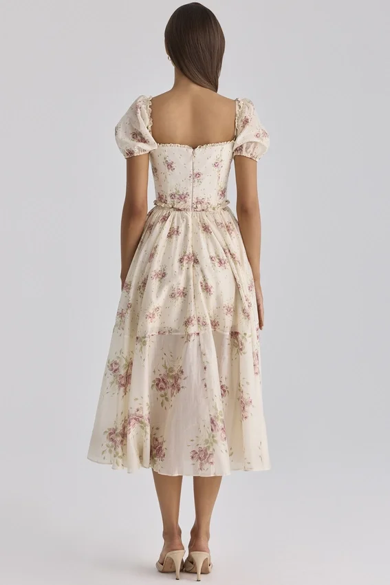 Penelope Ivory Vintage Rose Print Chiffon Midi Dress Penelope Ivory Vintage Rose Print Chiffon Midi Dress