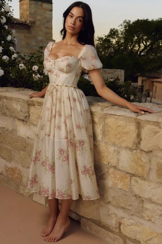 Penelope Ivory Vintage Rose Print Chiffon Midi Dress Penelope Ivory Vintage Rose Print Chiffon Midi Dress