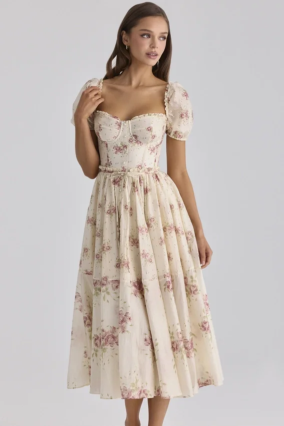 Penelope Ivory Vintage Rose Print Chiffon Midi Dress Penelope Ivory Vintage Rose Print Chiffon Midi Dress
