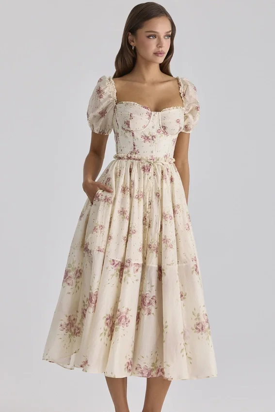 Penelope Ivory Vintage Rose Print Chiffon Midi Dress Penelope Ivory Vintage Rose Print Chiffon Midi Dress