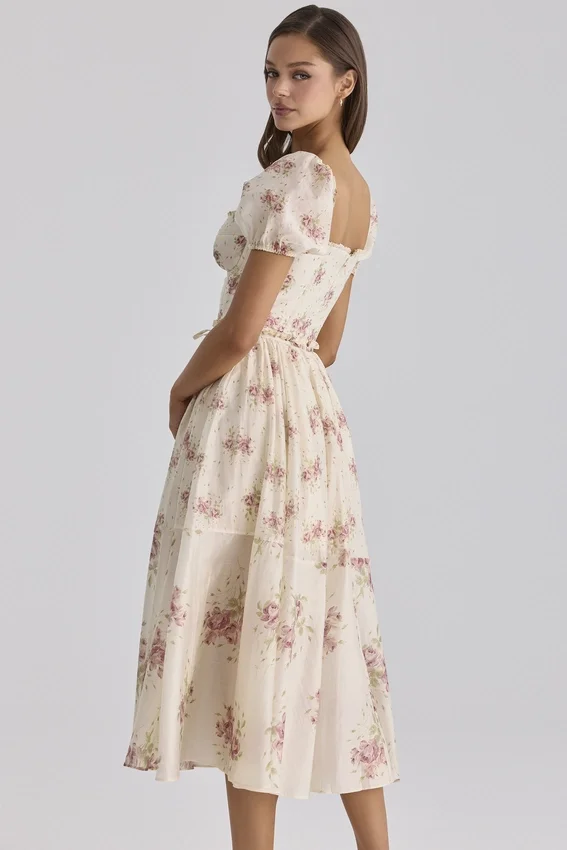 Penelope Ivory Vintage Rose Print Chiffon Midi Dress Penelope Ivory Vintage Rose Print Chiffon Midi Dress