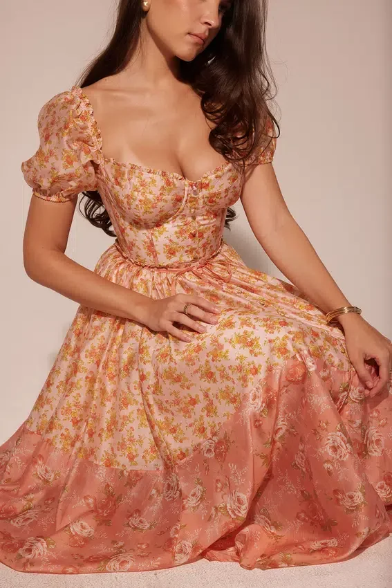 Penelope Peach Poppy Print Puff Sleeve Midi Sundress Penelope Peach Poppy Print Puff Sleeve Midi Sundress