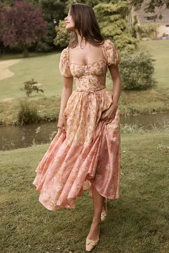 Penelope Peach Poppy Print Puff Sleeve Midi Sundress Penelope Peach Poppy Print Puff Sleeve Midi Sundress