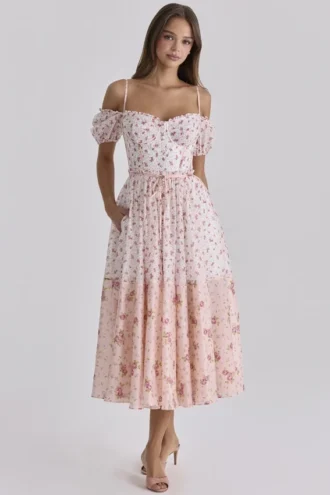 Penelope White Rose Print Georgette Ribbon Midi Dress