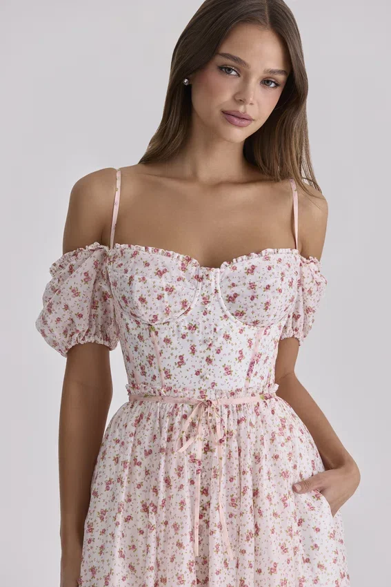 Penelope White Rose Print Georgette Ribbon Midi Dress Penelope White Rose Print Georgette Ribbon Midi Dress