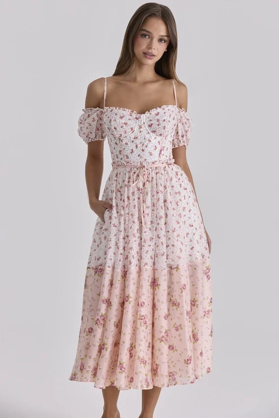 Penelope White Rose Print Georgette Ribbon Midi Dress Penelope White Rose Print Georgette Ribbon Midi Dress