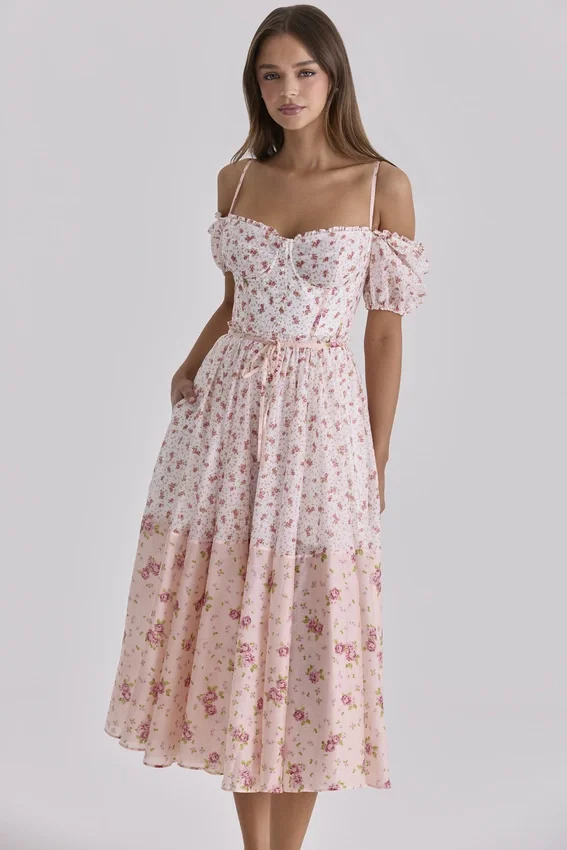 Penelope White Rose Print Georgette Ribbon Midi Dress Penelope White Rose Print Georgette Ribbon Midi Dress