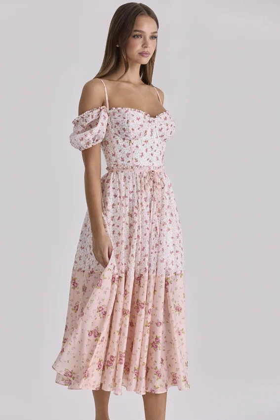Penelope White Rose Print Georgette Ribbon Midi Dress Penelope White Rose Print Georgette Ribbon Midi Dress