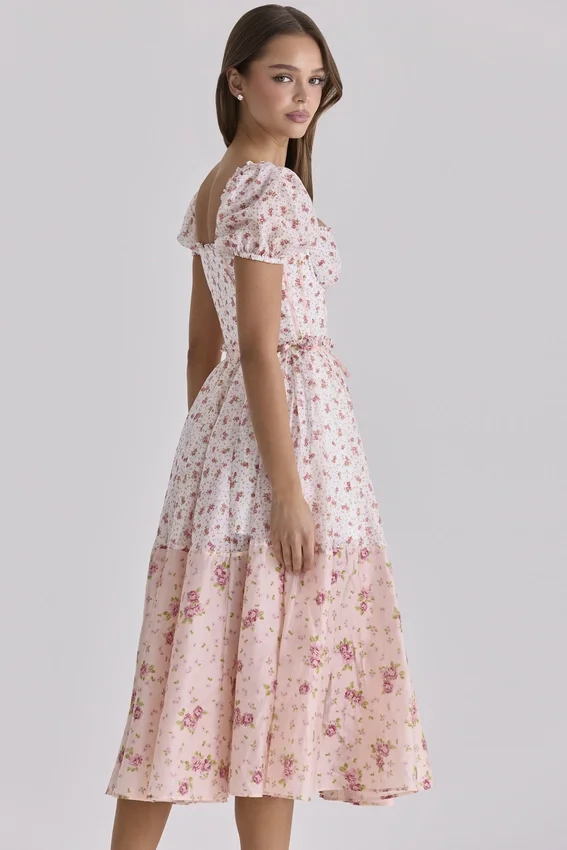 Penelope White Rose Print Georgette Ribbon Midi Dress Penelope White Rose Print Georgette Ribbon Midi Dress