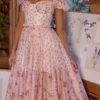 Penelope White Rose Print Georgette Ribbon Midi Dress Penelope White Rose Print Georgette Ribbon Midi Dress