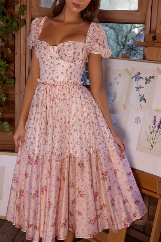 Penelope White Rose Print Georgette Ribbon Midi Dress Penelope White Rose Print Georgette Ribbon Midi Dress