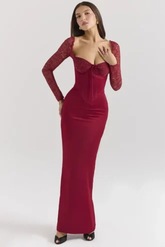 Perdi Berry Satin Maxi Dress with Corset