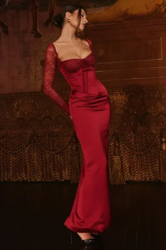 Perdi Berry Satin Maxi Dress with Corset