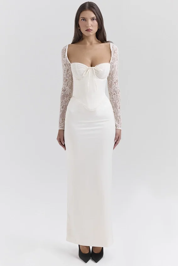 Perdi Vintage Ivory Satin Maxi Dress Perdi Vintage Ivory Satin Maxi Dress