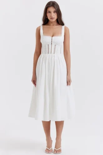 Perle White Lace Trim Midi Dress