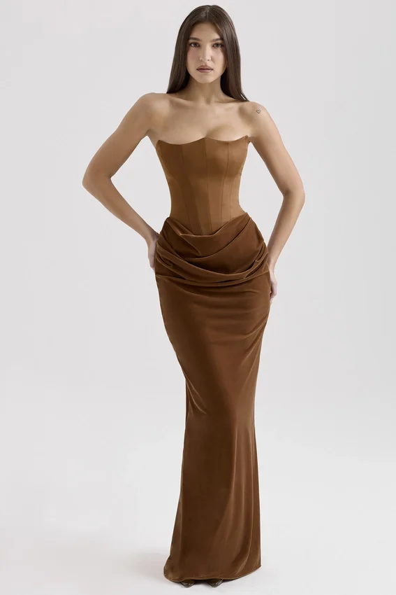Persephone Coffee Velvet Strapless Corset Maxi Dress Persephone Coffee Velvet Strapless Corset Maxi Dress