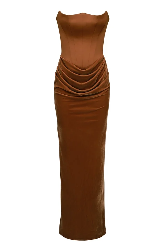 Persephone Coffee Velvet Strapless Corset Maxi Dress Persephone Coffee Velvet Strapless Corset Maxi Dress